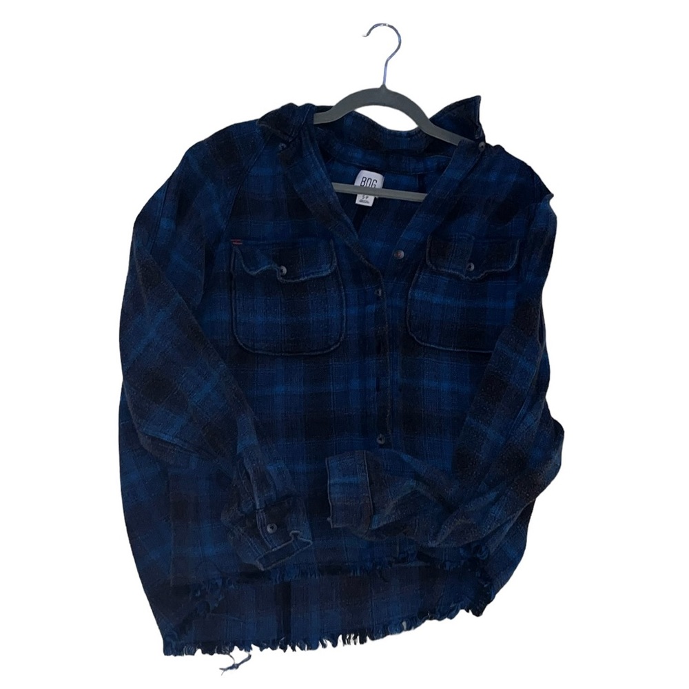 BDG Navy Blue Flannel Cropped Oversized Button Up